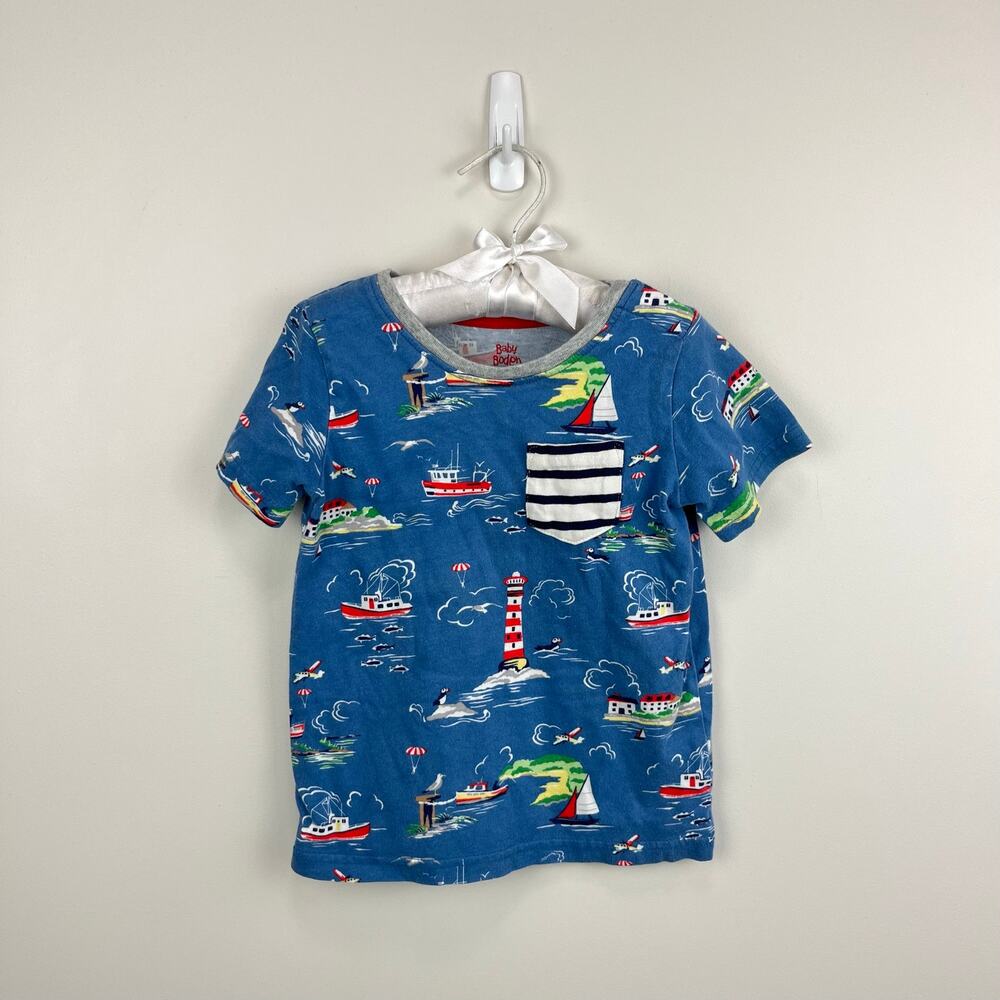 Mini Boden Short Sleeve Printed Pocket T-Shirt Nautical Blue 3-4